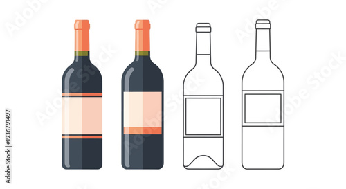 Collection of colored and outline vector graphic illustrations of classic wine bottles for design projects