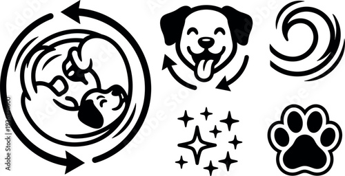 Flat design circular dog grooming icons happy dog paw sparkles rotation arrows close up set for pet care clean vector