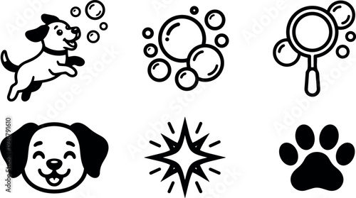 Line art flat design playful dog icon set showing jumping puppy bubbles magnifying glass happy puppy face paw print sparkle