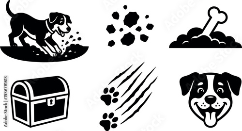 Flat design close up playful dog digging in dirt with bone chest paw marks and happy face icon set vector