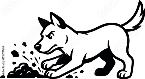 Line art vector close up side view playful dog digging in dirt with determined expression low angle front paws
