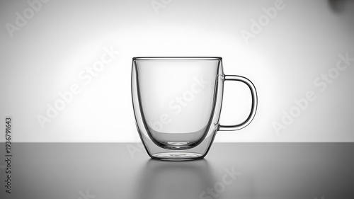 Modern transparent doublewalled glass coffee mug with a simple handle is presented against a clean background