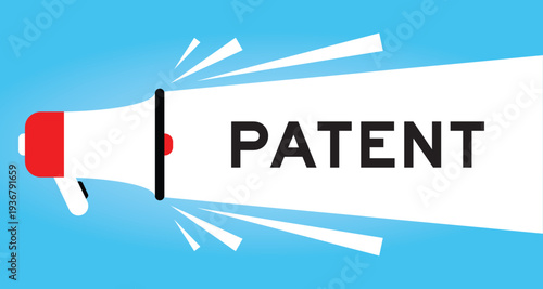 Color megaphone icon with word patent in white banner on blue background
