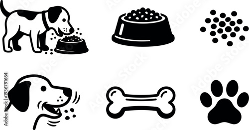 Minimalist icon set showing dog eating from bowl with scattered kibble bone paw side view simple black flat vector icons