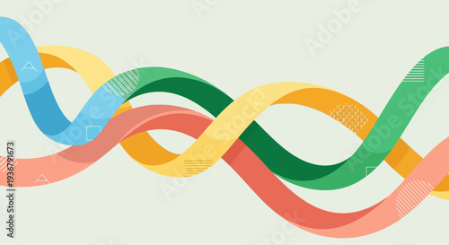 Abstract design with intertwined colorful ribbons forming a dynamic, textured composition