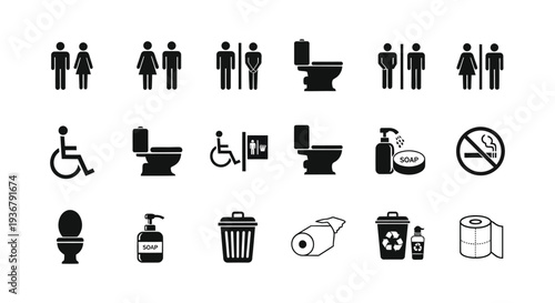 Collection of black and white vector graphic icons representing public restroom facilities and signs