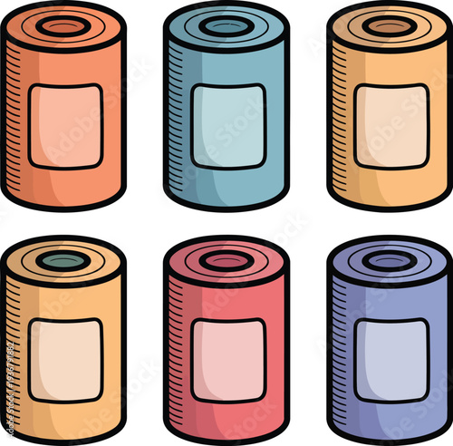 A colorful illustration of six cylindrical objects with square labels