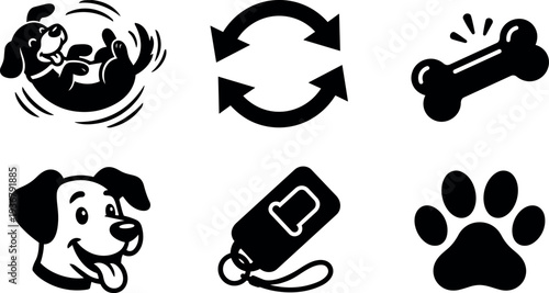 Flat design set of playful dog icons including rolling puppy bone paw id tag smiling head and repeat arrows vector