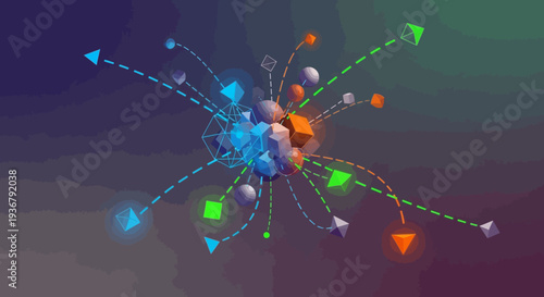 Abstract geometric data flow illustration depicting interconnected networks of information