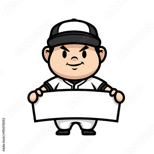 Cute Cartoon Baseball Umpire Holding Blank Sign.