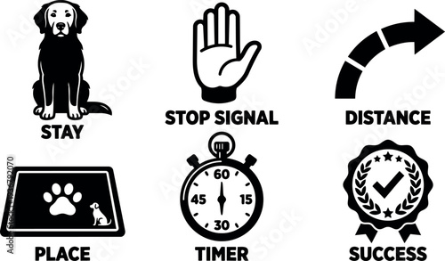 Flat design set of six dog training icons showing stay stop signal distance place timer and success badge black silhouette