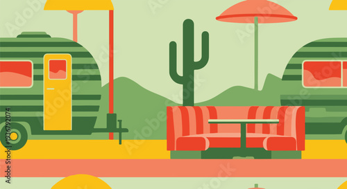 Retro camper vans and desert landscape with cactus and roadside diner booth, flat vector illustration