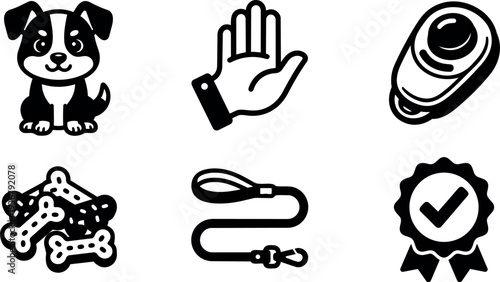 Flat design pet care icon set puppy leash bones tracker paw stop hand and quality badge in bold glyph style