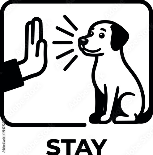 Flat line art close up of sitting dog receiving stay hand signal from trainer hand side view black white minimal