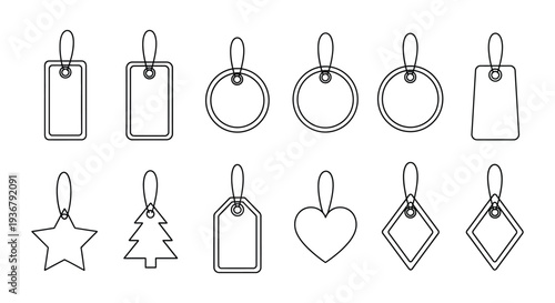 Collection of diverse-shaped blank hanging tags outline vector graphic illustration set