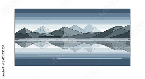 Abstract geometric landscape art with mountains reflecting in the water minimalistic scenery