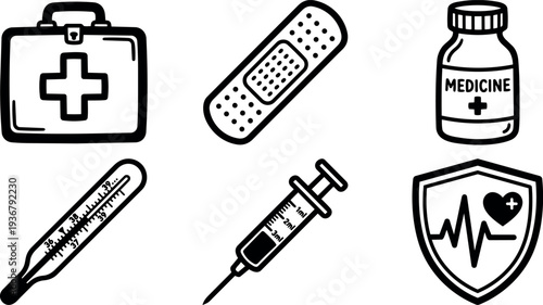 Line art medical icons set with first aid kit syringe thermometer medicine bottle bandage heart shield horizontal black white