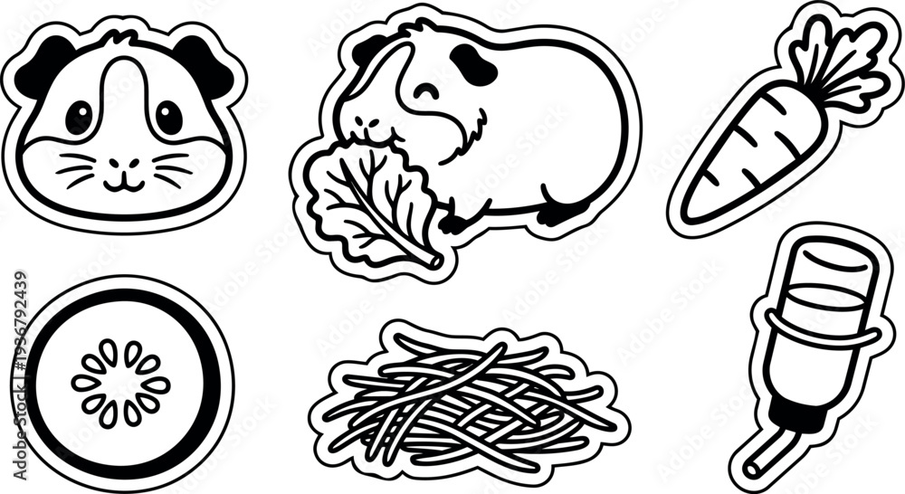 Fototapeta premium Line art sticker set close up guinea pig eating lettuce with carrot cucumber hay water bottle flat vector outline collection