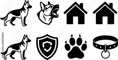 Flat design german shepherd icon set showing standing dog snarling head paw collar house and shield bold silhouette minimal monochrome