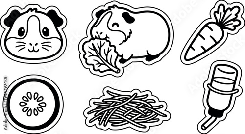 Line art sticker set close up guinea pig eating lettuce with carrot cucumber hay water bottle flat vector outline collection