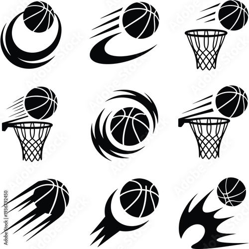 A basketball silhouette icon set with motion graphics and hoop illustrations