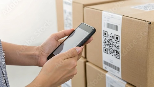 Person scanning QR code on cardboard shipping boxes using a smartphone in a warehouse or storage area.