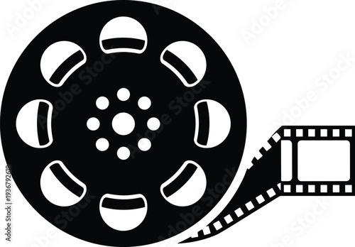 Black film reel vector icon with unrolled movie strip isolated on white background for cinema production industry entertainment media and film festivals branding.