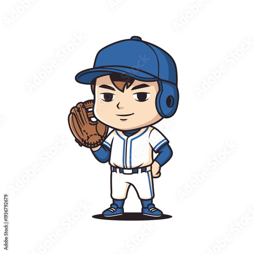 Cute Cartoon Baseball Player with Glove and Helmet.