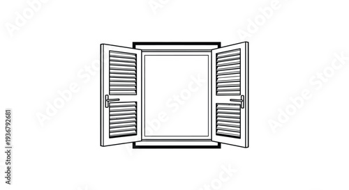 Minimalist vector illustration of an open window with decorative louvered shutters and frame design.