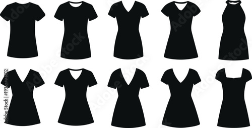 Black Female T-Shirt and Tunic Silhouette Icons Set with Various Necklines Including V-Neck Crew-Neck Scoop and Halter Top Vectors for Fashion Design Mockups