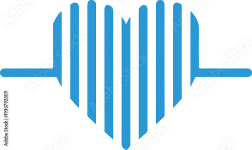 A blue logo with vertical lines forming a heart shape