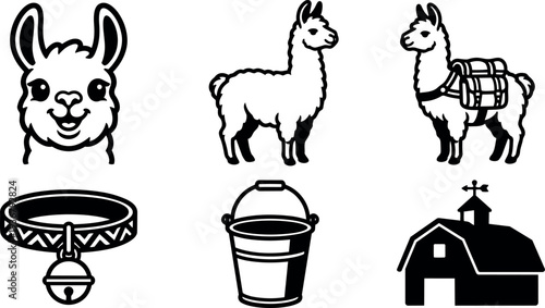 Line art vector set of smiling llama head standing llamas carrying pack plus collar bell bucket and barn monochrome icons