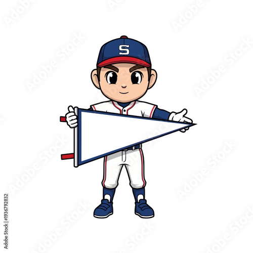 Cartoon baseball player holding a blank white pennant, ready for customization.