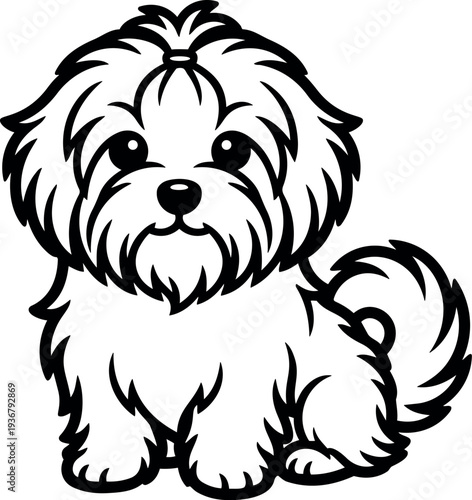 Line art cartoon vector cute small fluffy dog sitting facing forward looking at camera with top knot bow playful expression