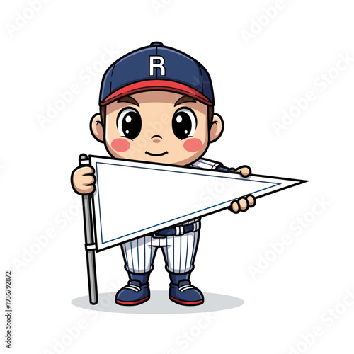 Cute Cartoon Baseball Player Holding a Blank White Pennant Flag.