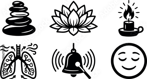 Minimalist icon set showing stacked stones lotus candle breathing lungs ringing bell and peaceful face in flat vector line art