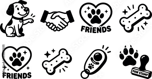 Flat cartoon vector icons set with dog paw print bone toy friends handshake remote paw stamp playful black and white