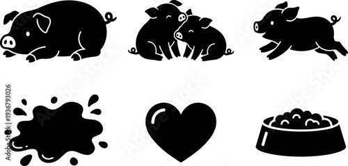 Flat design close up playful pig icon set showing lying sow cuddling piglets running pig muddy splash heart food bowl