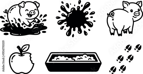 Line art pig icon set showing pig in mud pig rear apple with bite trough splash and hoof prints vector