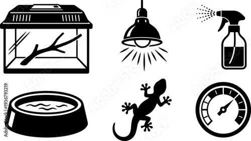 Flat vector silhouette terrarium care icons close up gecko under lamp spraying bottle beside water bowl and temperature monitor hygrometer