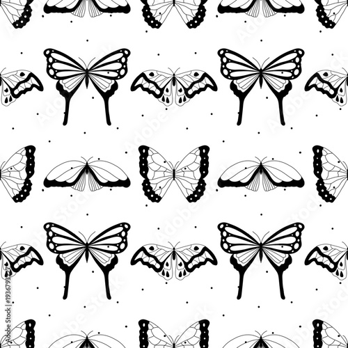 Seamless pattern. Outline images of butterflies. Minimalistic