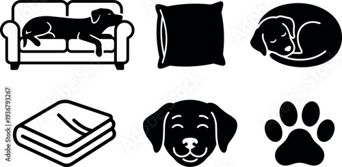 Flat design set of sleeping dog icons dog on couch pillow curled bed blanket smiling face paw silhouettes simple minimalist