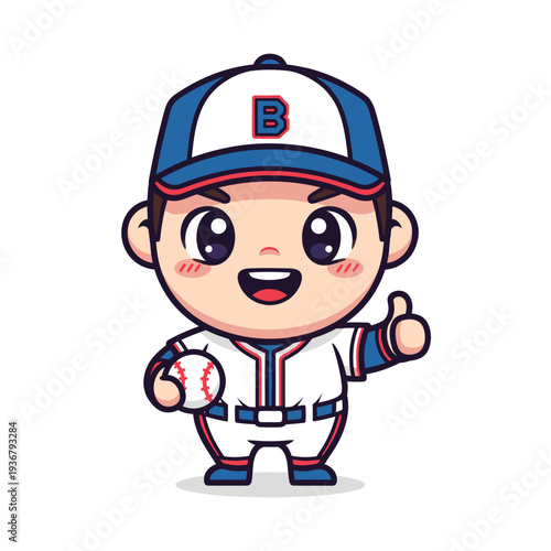 Cute Cartoon Baseball Player Giving Thumbs Up with Ball.