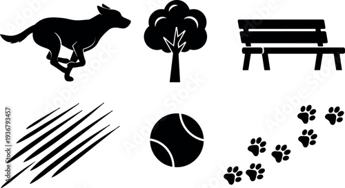 Flat design running dog silhouette chasing ball near park bench and tree with paw prints and claw marks vector icons