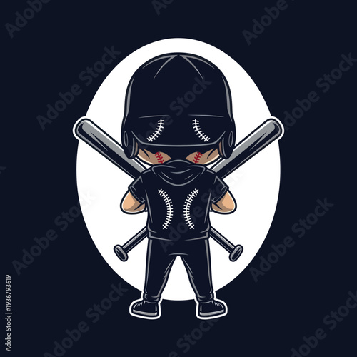 Cute Cartoon Baseball Player with Crossed Bats.