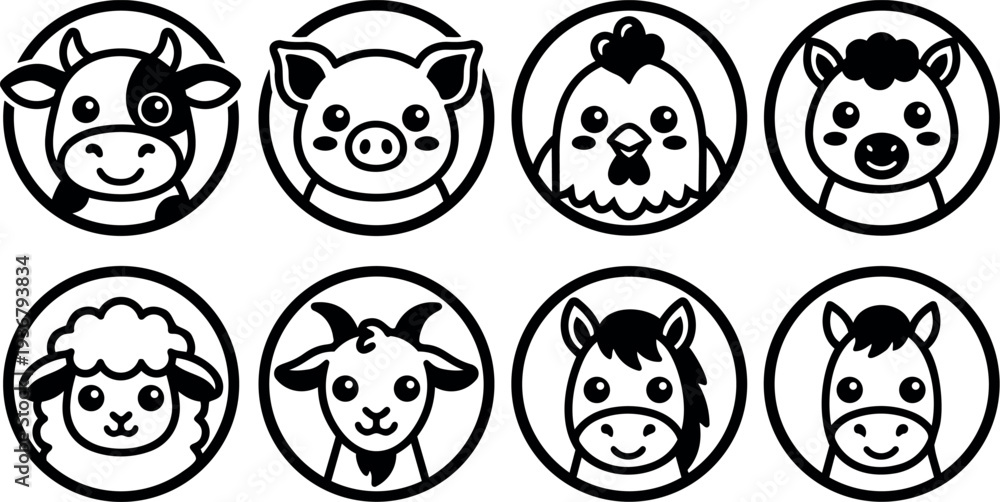 Obraz premium Minimalist line art circle icons of eight farm animal faces smiling front view vector set for kids branding and education