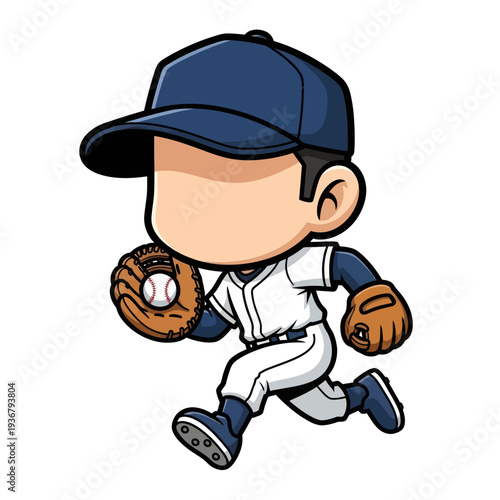 Cartoon Baseball Player Running with Glove and Ball.