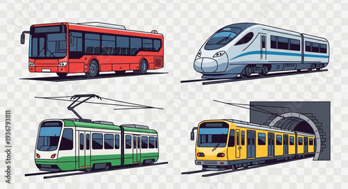 Collection of Modern Public Transportation Vehicles Including Buses and Trains.