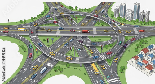 Complex Multi-Level Highway Interchange with Vehicles.