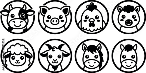 Minimalist line art circle icons of eight farm animal faces smiling front view vector set for kids branding and education